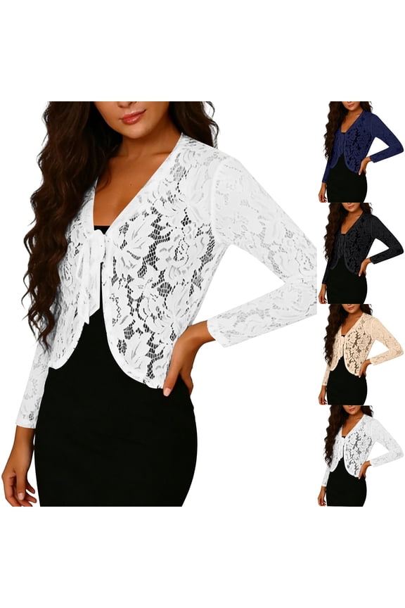 Women's Sheer Lace Embroidery Jacket Dressy Elegant Long Sleeve Open Front Shrug Top Summer Loose Fit Cardigan with Tie for Dress