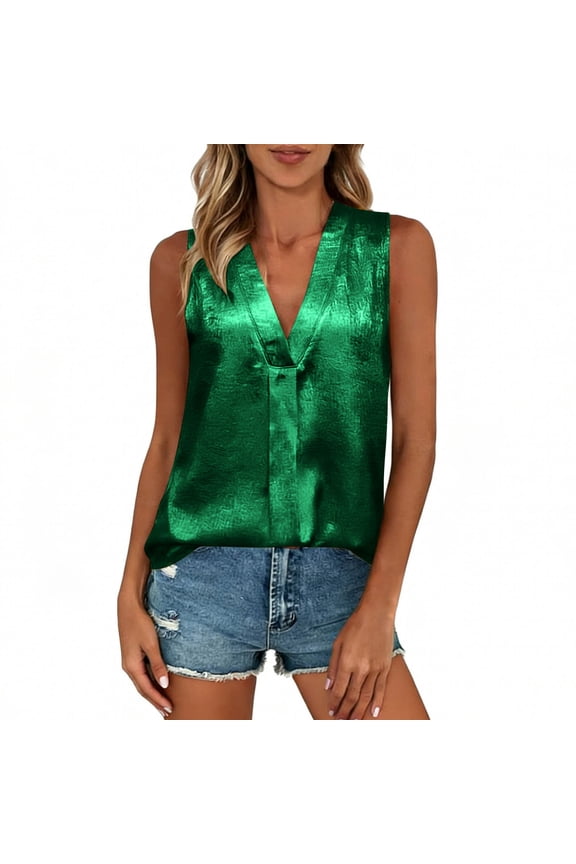 Women's Shiny Metallic Tops Summer Casual V Neck Sleeveless Blouse Dressy Trendy Loose Fit T Shirt for Business Work Office