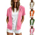 thumbnail image 1 of Purcolt Women's Short Sleeve Zip Up Hoodie Jacket, Thin Velour Hooded Sweatshirt Coat with Pockets for Casual Summer Layering for Daily Wear, 1 of 6