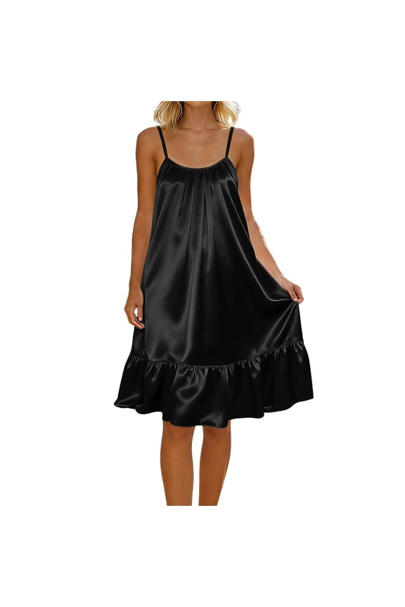 Women's Silky Satin Nightgown Low Back Ruffle Hem Slip Sleep Dress Tie-Back Spaghetti Strap Sleeveless Chemise Loungewear, S-XXL