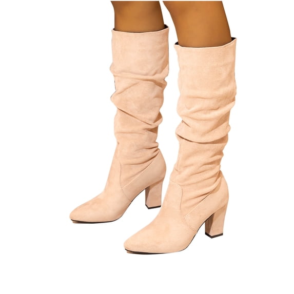 Purcolt Women's Slouchy Ruched Boots Comfortable Faux Suede Pointed Toe Chunky Block Heels Pull-on Mid Calf Boots Everyday Booties