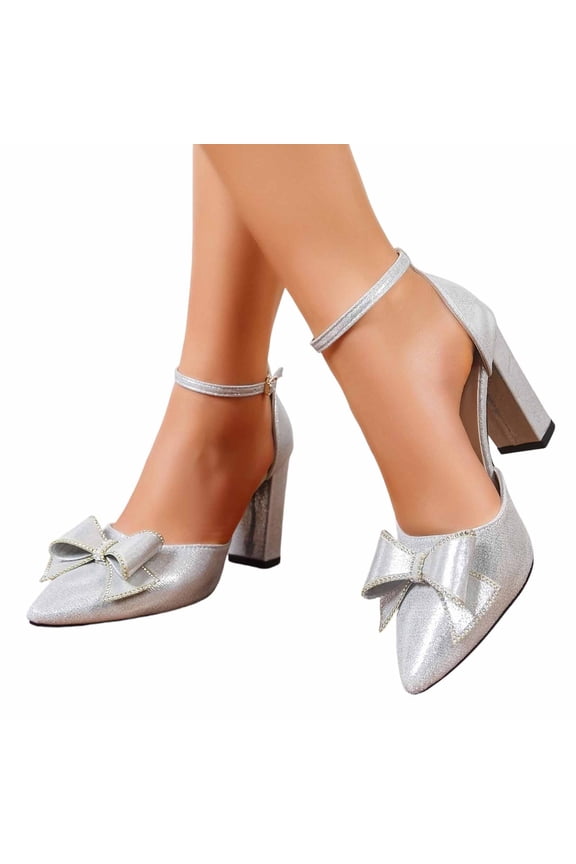 Women's Sparkly Bow Buckle Pumps Dressy Casual Closed Pointed Toe Ankle Strap Heels Shiny Glitter Dress Shoes for Club Party Wedding
