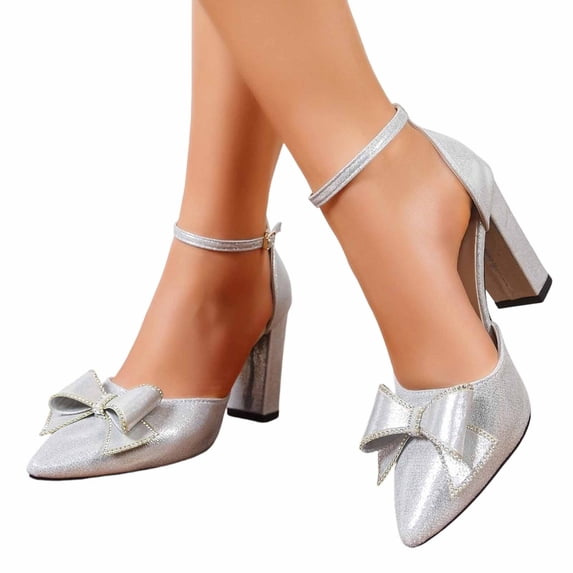 Purcolt Women's Sparkly Bow Buckle Pumps Dressy Casual Closed Pointed Toe Ankle Strap Heels Shiny Glitter Dress Shoes for Club Party Wedding