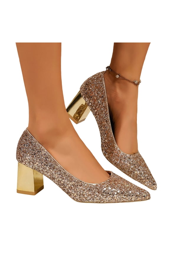 Women's Sparkly Sequin Block Heel Pumps Dressy Elegant Pointed Toe Slip on Heeled Shoes Glitter Dress Shoes for Wedding Party Club