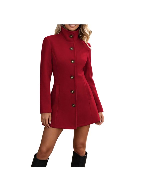 Women's Stand Collar Fitted Short Coat with Single Breasted Button Front and Side Pockets, Long Sleeve Tailored Fall Winter Outerwear for Fall Winter Layering