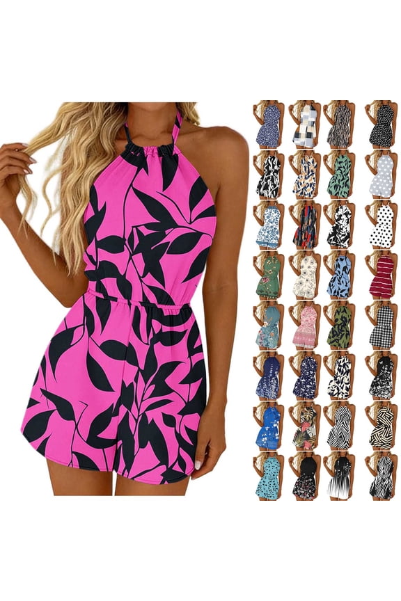 Women's Summer Beach Jumpsuit Halter Neck Sleeveless Wide Leg Shorts Jumpsuit Romper One Piece Outfits