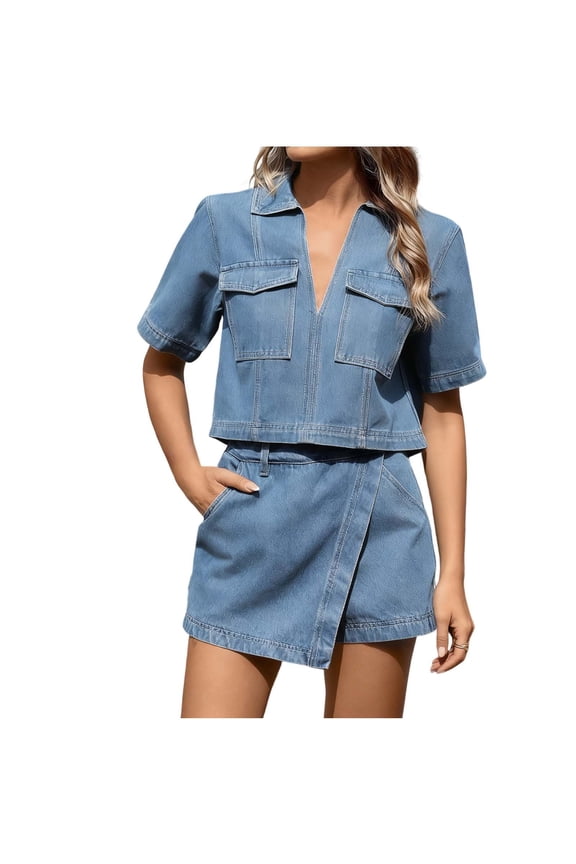 Women's Summer Denim Outfits 2 Piece Sets Casual Short Sleeve Collared and Asymmetric Shirt Matching Sets with Pockets