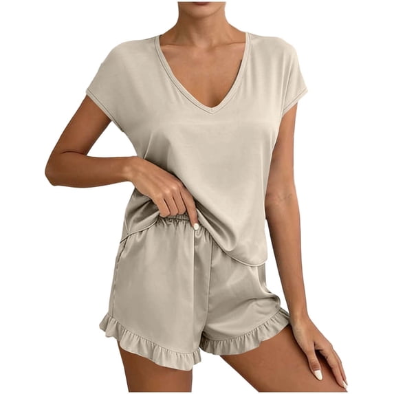 Purcolt Women's Summer Modal 2 Piece Pajama Sets Comfortable Short-Sleeve T Shirt and Ruffled Bottom Pajama Set Loose Fit Lounge Sets Sleepwear