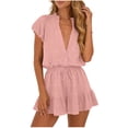 thumbnail image 1 of YSUEJPF Summer Rompers for Women V Neck Puff Sleeve Button Up Ruffle Jumpsuit Elastic Waist Drawstring Shorts Romper, 1 of 6