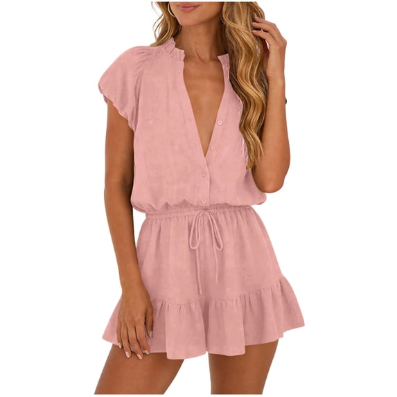 YSUEJPF Summer Rompers for Women V Neck Puff Sleeve Button Up Ruffle Jumpsuit Elastic Waist Drawstring Shorts Romper