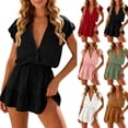 thumbnail image 1 of Purcolt Women's Summer Shorts Romper Casual Loose Button Up Short Sleeve Jumpsuit V Neck Drawstring Ruffle Tank Dress, 1 of 6