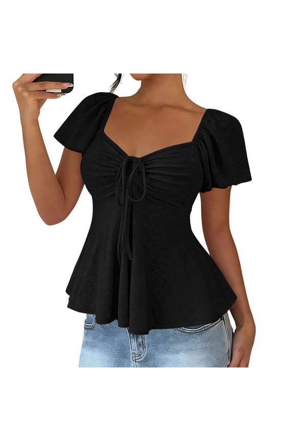 Women's Summer Tops Ruched Drawstring Front Square Neck Short Sleeve Blouses Comfortable Peplum Tunic Tops