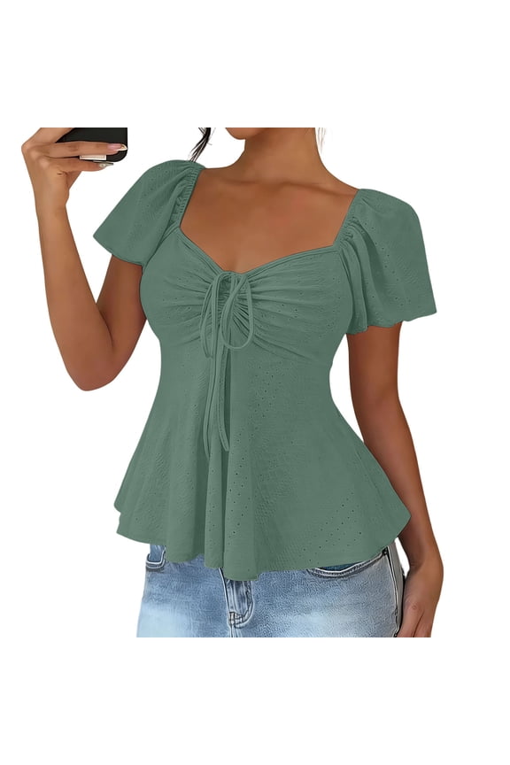 Women's Summer Tops Ruched Drawstring Front Square Neck Short Sleeve Blouses Comfortable Peplum Tunic Tops