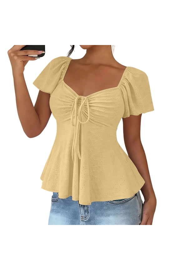 Women's Summer Tops Ruched Drawstring Front Square Neck Short Sleeve Blouses Comfortable Peplum Tunic Tops