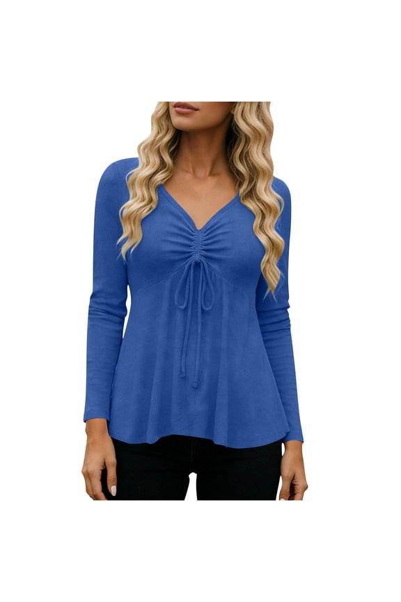 Women's Tops Casual Soft Tie Front Sweetheart Neckline Long Sleeve Shirts Elegant Peplum Hem Loose Fit Tunic Tops Blouses