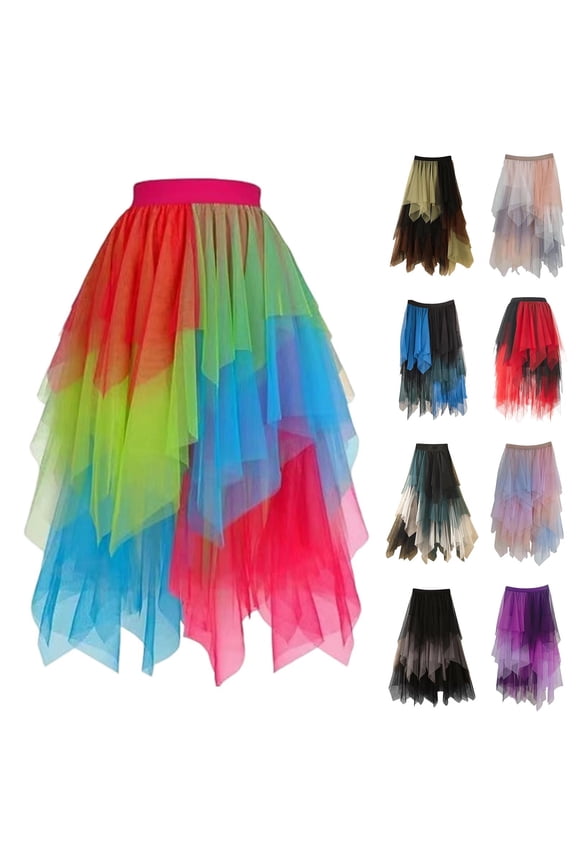 Women's Tulle Skirt A-Line High Elastic Waist Midi Skirt Irregular Layered Mesh Tutu Skirts