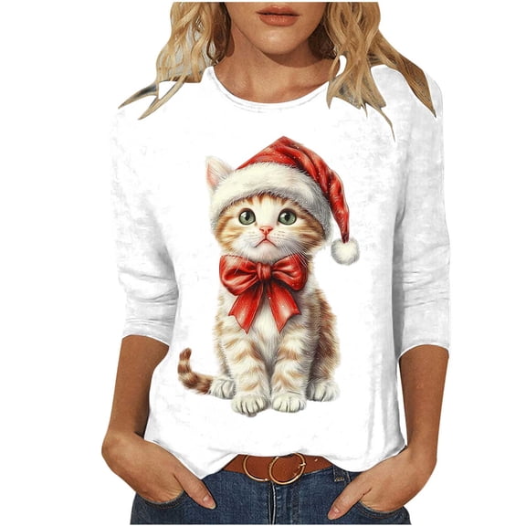 Purcolt Women's Ugly Christmas Shirts Funny Print 3/4 Length Sleeve Crew Neck Tunic Tops Holiday Xmas Shirts Graphic Tees Blouses