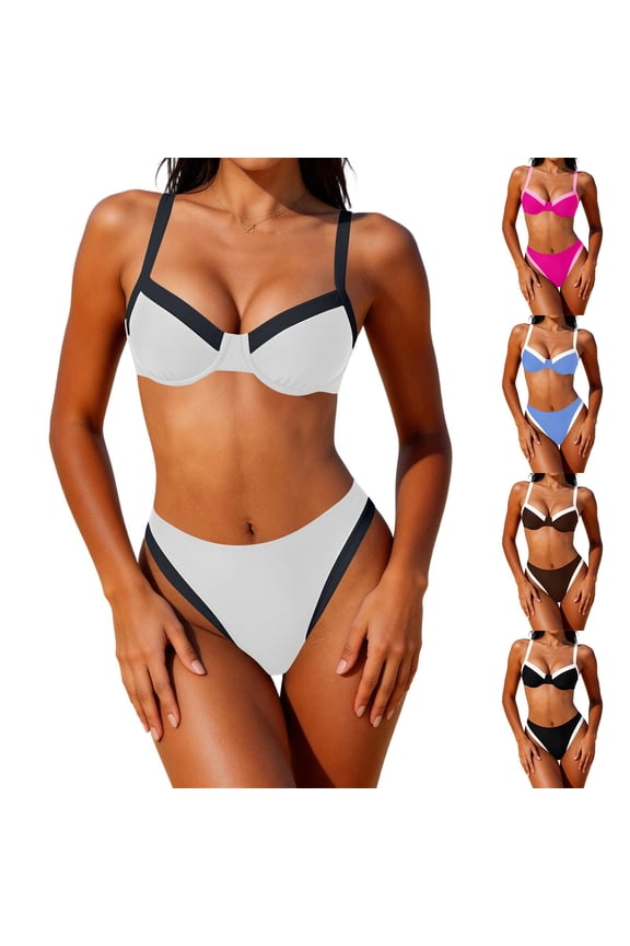 Women's Underwire Bikini Sets, Color Block 2 Piece Tummy Control Swimsuits, Supportive Push Up High Leg Thong Bathing Suit High Waisted Swimwear