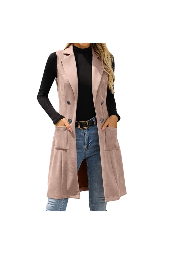 Women's Vintage Long Blazer Vest Retro Western Cowgirl Lapel Collared Sleeveless Cardigan Casual lightweight Business Work Trench Coat