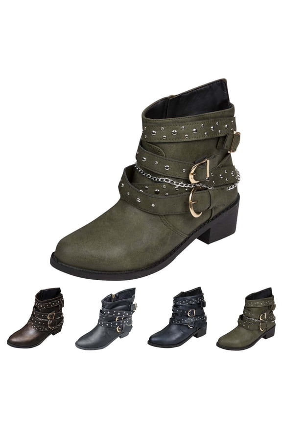 Women's Wide Width Ankle Boots Comfort Slouchy Pointed Toe Buckle Booties Riding Anti-Slip Chunky Block Rivet Short Boots with Zip