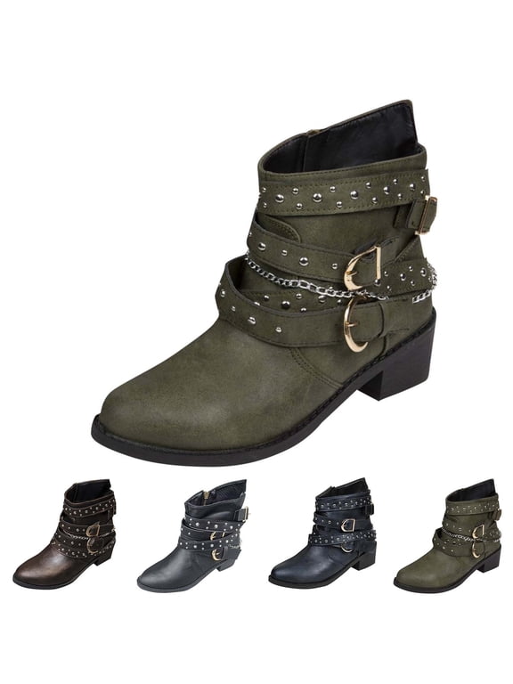Women's Wide Width Ankle Boots Comfort Slouchy Pointed Toe Buckle Booties Riding Anti-Slip Chunky Block Rivet Short Boots with Zip