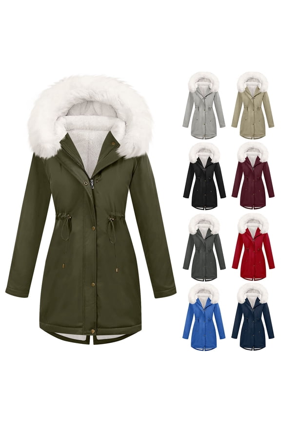Women's Winter Parka Coat Warm Fleece Lined Full Zip Hooded Long Back Drawstring Tunic Puffer Jacket with Pockets