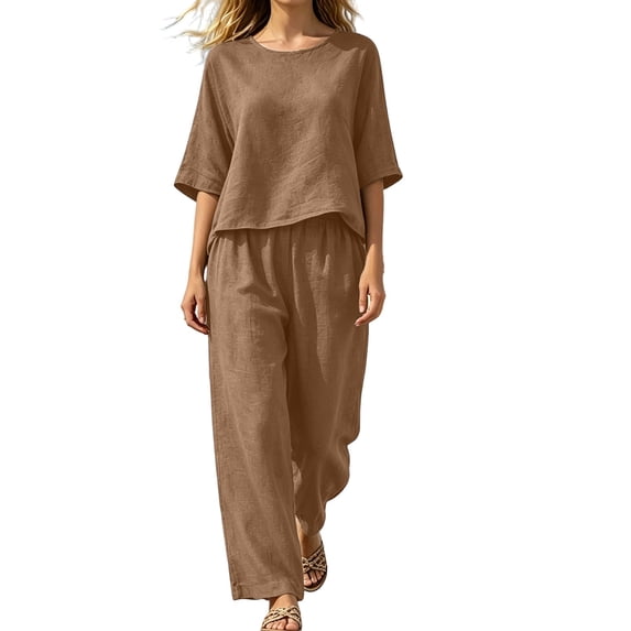 Purcolt Womens 2 Piece Cotton Linen Matching Set Comfort Casual Crew Neck Short Sleeve Tops Elastic Waisted Wide Leg Trousers Comfort Loose Fit Outfits Loungewear