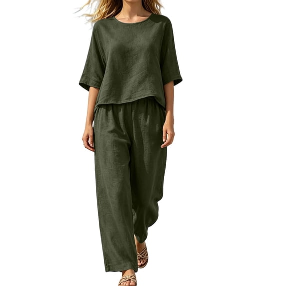 Purcolt Womens 2 Piece Cotton Linen Matching Set Comfort Casual Crew Neck Short Sleeve Tops Elastic Waisted Wide Leg Trousers Comfort Loose Fit Outfits Loungewear