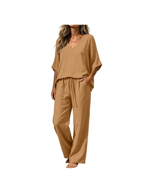 Womens 2 Piece Cotton Linen Pant Suit Comfort Casual V Neck Short Sleeve Tops Drawstring Elastic Waist Wide Leg Trousers Outfits Longewear