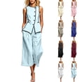 thumbnail image 1 of Purcolt Womens 2 Piece Cotton Matching Set Dressy Casual Crew Neck Sleeveless Button Down Tank Tops Elastic Waisted Cropped Trousers Business Work Office Outfits, 1 of 7