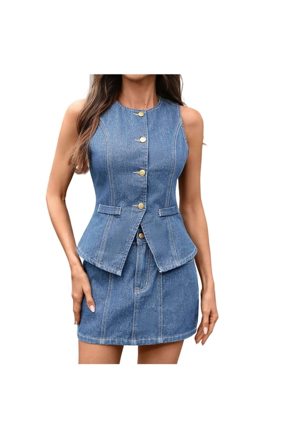 Womens 2 Piece Denim Set Sleeveless Button Down Vest Tops and High Rise Skirts Two Piece Outfits Jean Suit Sets Y2k Streetwear