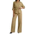 thumbnail image 1 of Purcolt Womens 2 Piece Matching Pant Set Dressy Casual Collared Roll Up Long Sleeve Button Front Shirt Full Length Wide Leg Trousers Business Work Office Outfits, 1 of 7