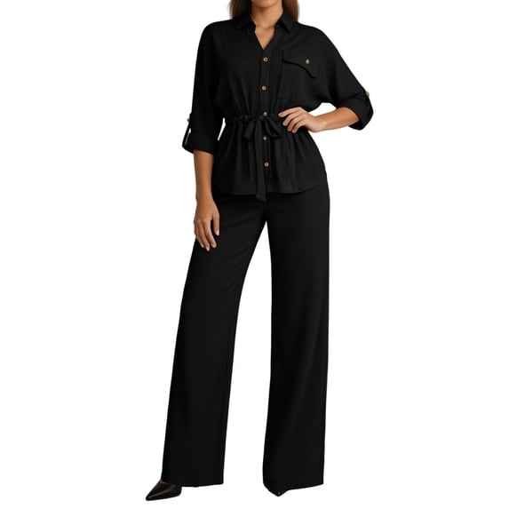 Purcolt Womens 2 Piece Matching Pant Set Dressy Casual Collared Roll Up Long Sleeve Button Front Shirt Full Length Wide Leg Trousers Business Work Office Outfits