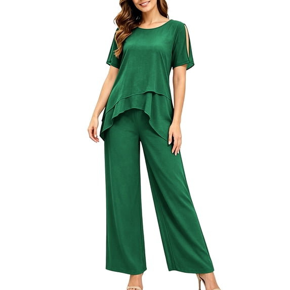 Purcolt Womens 2 Piece Pant Suit Dressy Casual Crew Neck Cut-out Short Sleeve Tops with Asymmetrical Hem Wide Leg Trousers Outfits for Business Work Office