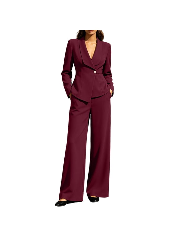 Womens 2 Piece Pant Suit Dressy Casual Lapel Single Button Long Sleeve Blazer High Waist Wide Leg Trousers Formal Matching Set for Business Work Office