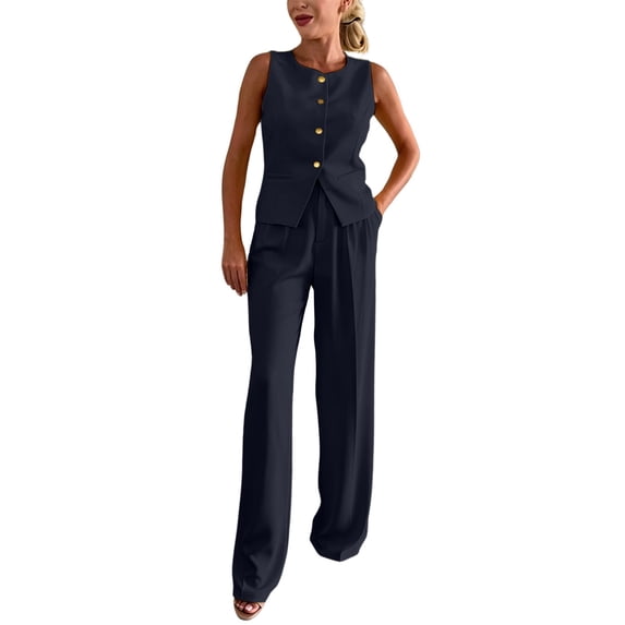 Purcolt Womens 2 Piece Pant Suit Summer Casual Crewneck Sleeveless Single Button Blazer Pleated High Waist Dress Pants Formal Business Work Office Matching Set