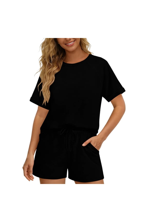 Womens 2 Piece Sets Casual Crew Neck Short Sleeve T Shirts and Drawstring Shorts Soft Lounge Sets Summer Outfit with Pockets