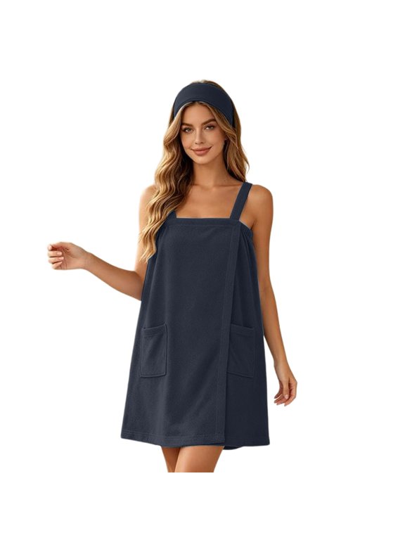 Womens 2 Piece Shower Set Quick Drying Wide Straps Square Neck Cover Up Bath Dress with Headband Soft Absorbent Bath Skirt with Pockets Loungewear