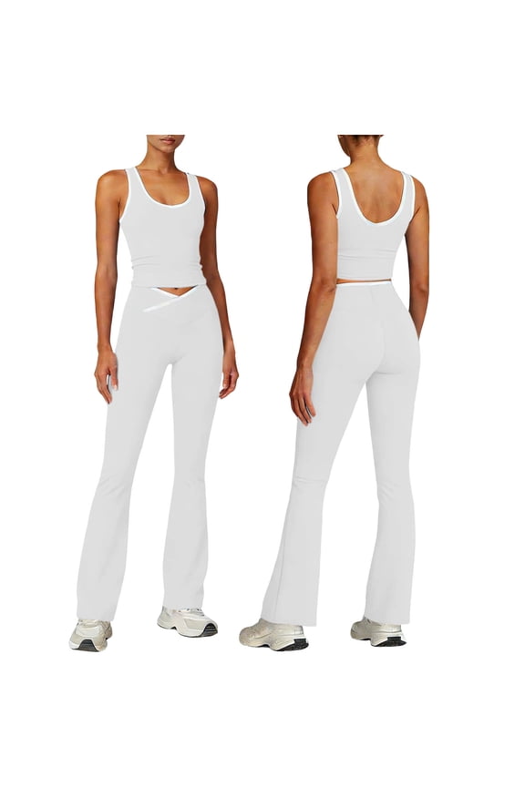 Womens 2 Piece Sport Outfits Summer Crew Neck Crop Sleeveless Tank Tops and Crossing Legging Tracksuit Athletic Matching Set for Yoga Workout Gym