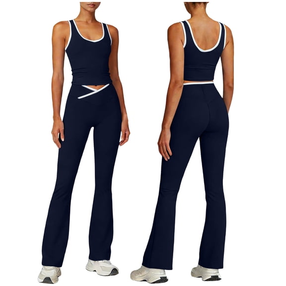 Purcolt Womens 2 Piece Sport Outfits Summer Crew Neck Crop Sleeveless Tank Tops and Crossing Legging Tracksuit Athletic Matching Set for Yoga Workout Gym
