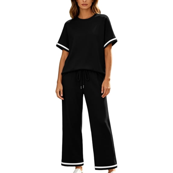 Purcolt Womens 2 Piece Tracksuit Set Comfort Casual Crew Neck Short Sleeve Tee Shirts Elastic Waisted Wide Leg Trousers Comfort Loose Fit Outfits Sportswear