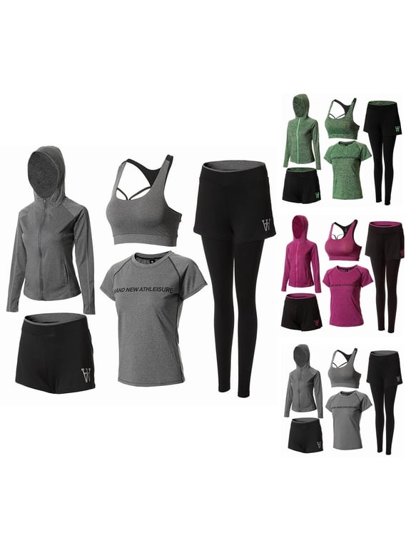 Womens 5 Piece Workout Outfits Athletic Jogging Tracksuits Sport Suits Lightweight Matching Outfits Set for Yoga Gym Exercise