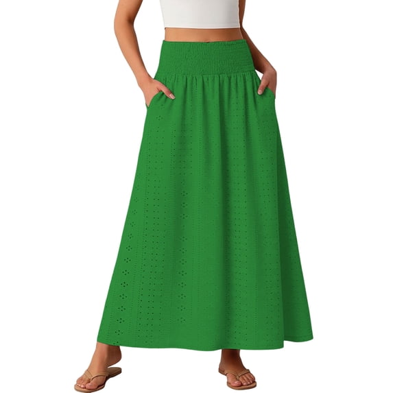 Purcolt Womens A-line Maxi Skirt Casual Elastic High Waist Flowy Boho Long Skirts Fashion Vacation Outfits with Pockets