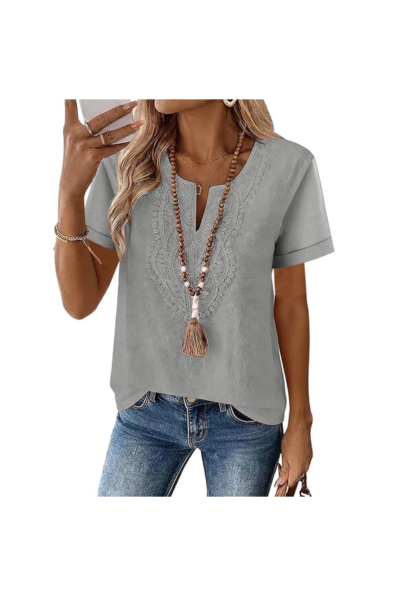 Womens Boho Cotton Linen Shirts Dressy Casual Lace Embroidery V Neck Blouses Summer Loose Fit Tunic Tops