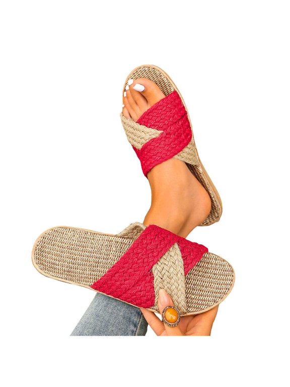 Womens Boho Faux Braid Slide Slippers Lightweight Comfort Cross Strap Open Round Toe Slip‑On Flat Slippers Summer Casual Thin Sole Beach Vacation Party Sandals