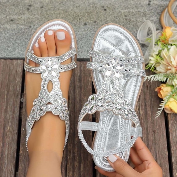 Purcolt Womens Boho Rhinestone Sandals Dressy Casual Open Toe Strap Flats Sandals Summer Comfortable Bling Dress Sandals