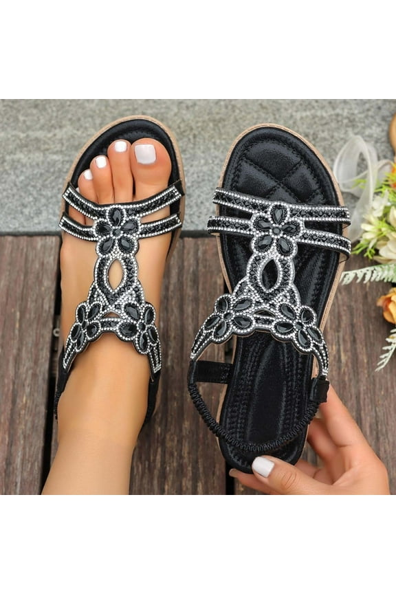 Womens Boho Rhinestone Sandals Dressy Casual Open Toe Strap Flats Sandals Summer Comfortable Bling Dress Sandals