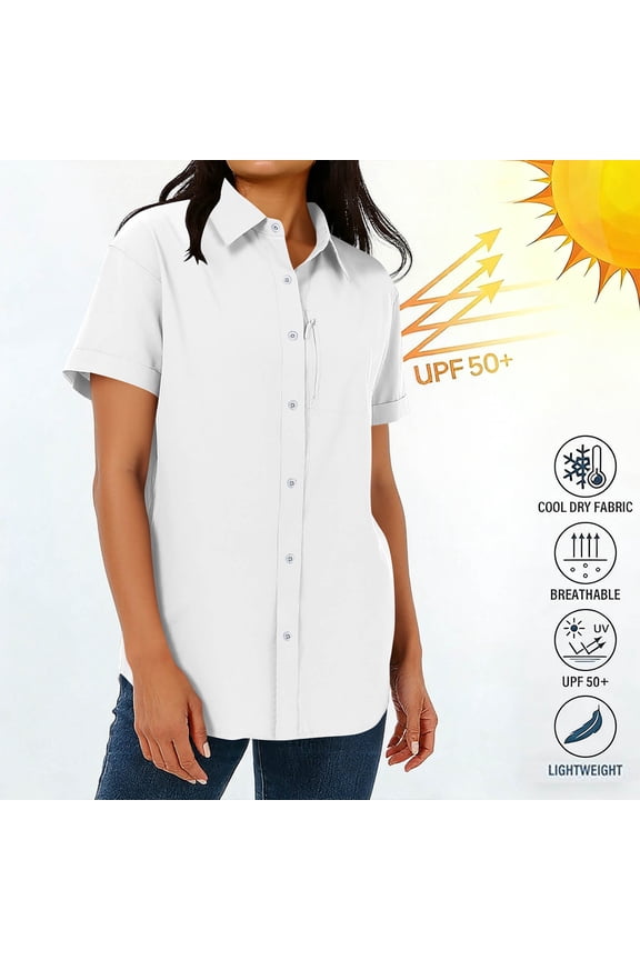 Womens Button Down Shirt Casual Short Roll-up Sleeve Loose Fit Laple Collared Work Plain Blouse Tops with Pockets S-3XL