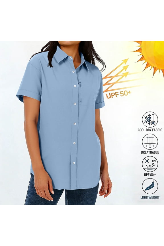 Womens Button Down Shirt Casual Short Roll-up Sleeve Loose Fit Laple Collared Work Plain Blouse Tops with Pockets S-3XL