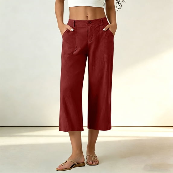 Purcolt Womens Capri Pants Summer Cotton Linen High Waist Wide Leg Summer Casual Vacation Trousers with Pockets